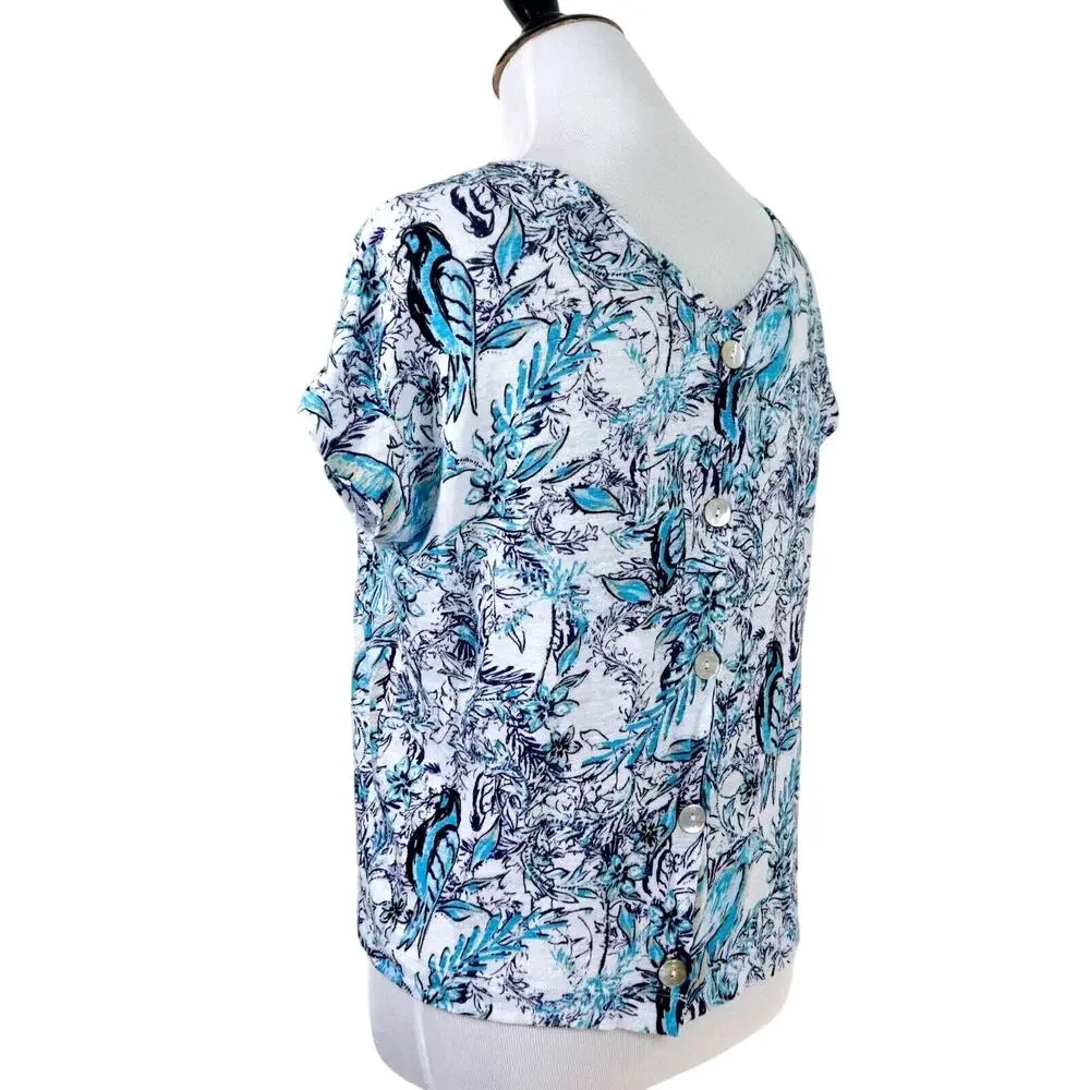 Tahari Size S Linen Slub Knit Tee Button Back Birds Flower Blue White